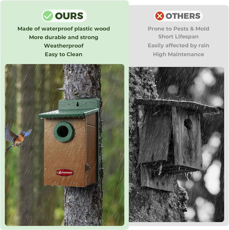 Kingsyard Recycled Plastic Bird House for Outdoor - Durable Nesting Box with Clear View Panel & Predator Guard for Bluebird Wren Swallow Finch, Green & Brown - Image 3